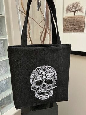 Skeleton Face Lacy Embroidered Tote Bag. Made in Canada. Heart Hands on Reverse